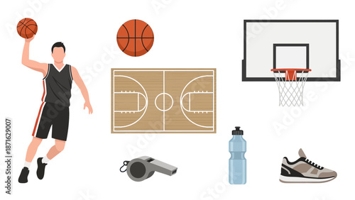 Vector icons Basketball Player Dunking with Court and Equipment Illustration. EPS Editable