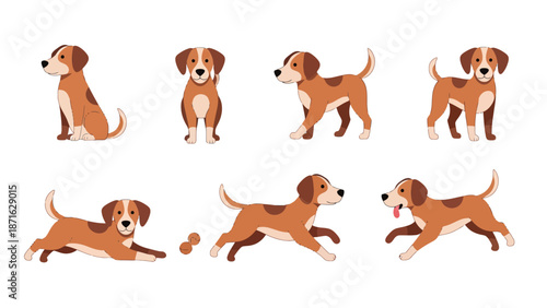 Vector icons Collection of Adorable Beagle Puppies in Various Poses and Actions. EPS Editable