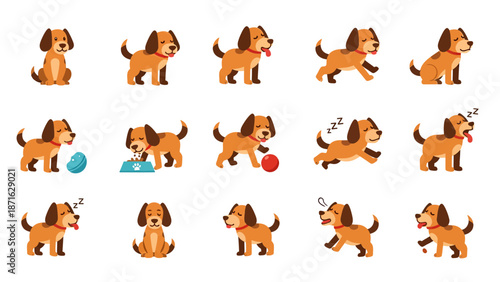 Vector icons Collection of Adorable Cartoon Dachshund Puppies in Various Poses and Actions. EPS Editable