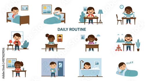 Vector icons Childrens Daily Routine Illustrated Collection Showing Various Activities. EPS Editable
