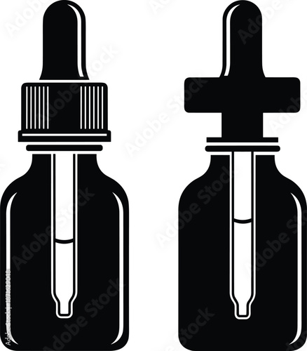 Black dropper bottle silhouette vector illustration, isolated glass vial icons for essential oils, serum branding, medical liquid and skincare design.
