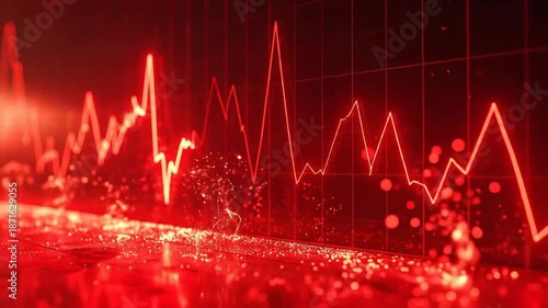 Dramatic red stock market crash graph with falling line and particles.