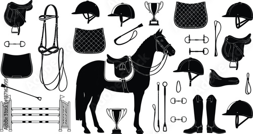  Black equestrian equipment silhouette set vector illustration, isolated horse riding tack icons including saddle, helmet, boots and trophy for sports..eps