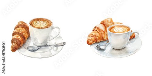 coffee and croissant watercolor vector illustration