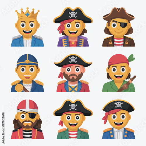 Collection of cartoon characters in various pirate and royal outfits