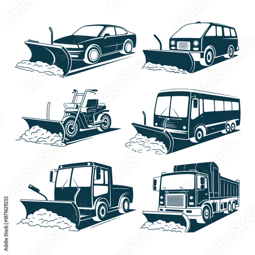 Various vehicles equipped with snowplows for winter maintenance