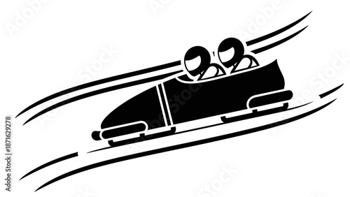 Two people riding bobsled fast.