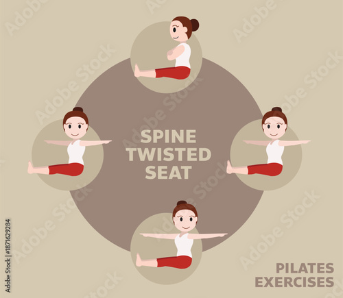 Pilates Moves Exercises Spine Twisted Seat Cute Cartoon Vector Illustration