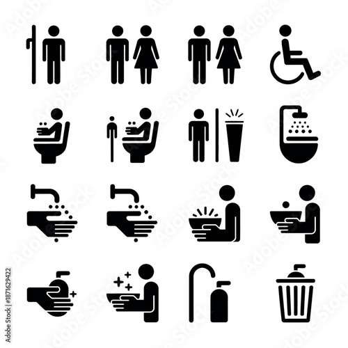 Collection of black bathroom icons on white background
