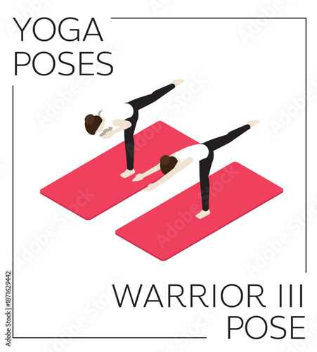 Yoga Warrior III Pose Isometric Vector Set