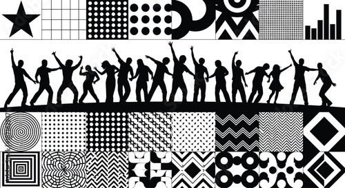 Silhouetted dancers with geometric and abstract pattern panels, expressing motion, rhythm, and artistic energy in high-contrast design.
