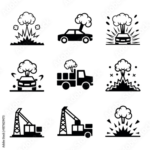 Explosion and accident icons set for warning signs