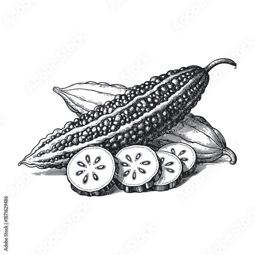 Bitter gourd illustration with sliced pieces