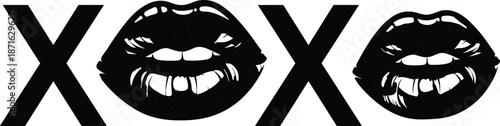 Black XOXO lips silhouette vector illustration, isolated kiss mark icons for Valentine Day, romantic love design, fashion prints and stickers.
