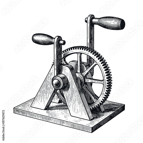 Vintage hand crank machine with gears and handles