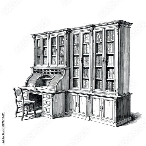 Vintage wooden office desk with bookshelves and storage