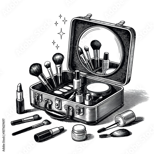 Makeup brushes and cosmetics in a suitcase with mirror