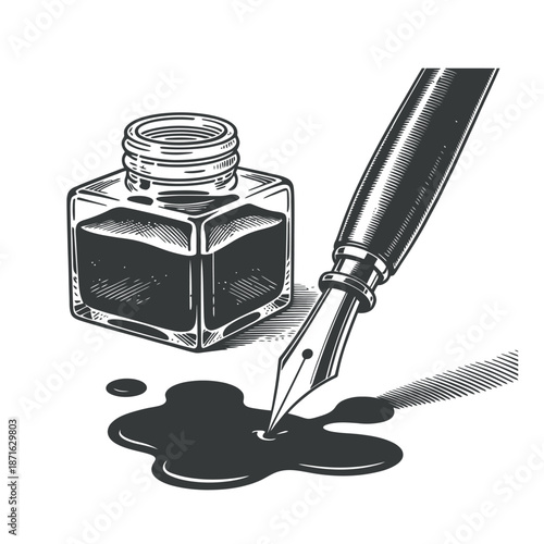 Fountain pen nib dipping in ink bottle