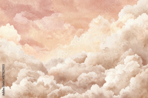Dreamy sky filled with fluffy, cotton-like clouds. Soft pastel colors permeate