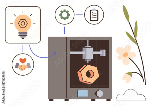Sustainability, product design, innovation, eco-friendly production, tech education, creative solutions. A 3D printer creating a polygonal object, with process and innovation icons. Sustainability