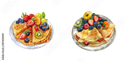 crepes with fruit watercolor vector illustration