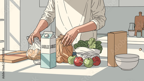 A person preparing ingredients for a healthy meal in a well-lit kitchen, with fresh produce and pantry staples on the counter