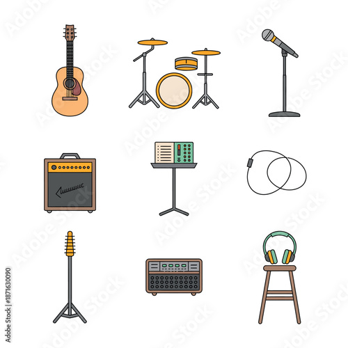 Collection of music instruments and audio equipment