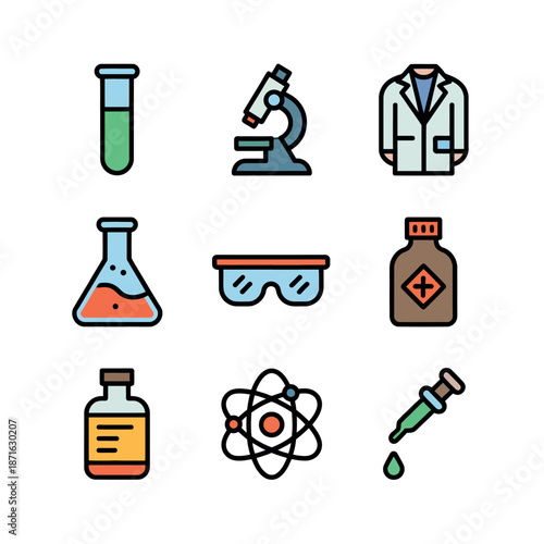 Laboratory equipment and safety icons set
