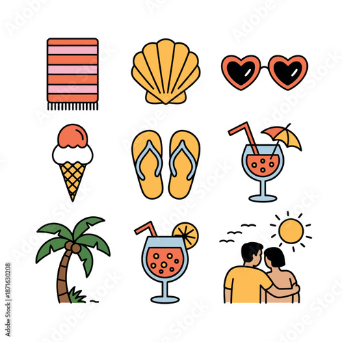 Summer vacation icons set with couple and drinks