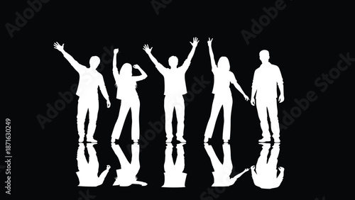 Silhouetted group of people celebrating with raised arms and reflections on black background, symbolizing unity, diversity, energy, and expression.