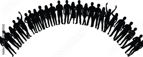 Silhouetted group of people in arc formation showing diverse postures, unity, and collective gathering for social or celebratory themes.