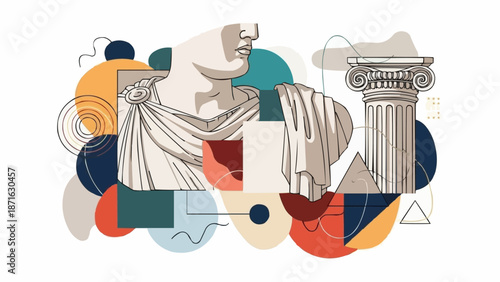 Ancient Greek Sculpture and Column with Abstract Shapes.