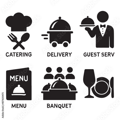 Catering icon set vector. Catering service, food, delivery of ready meals, guest service, menu for event, banquet vector
