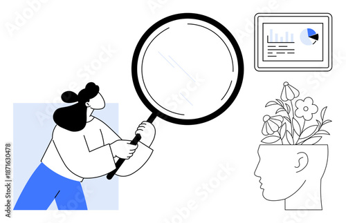 Woman holds a magnifying glass exploring analytics, represented by a chart and blooming ideas in a head-shaped plant. Ideal for research, innovation, creativity, focus, data analysis, learning