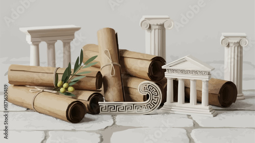 Ancient Greek Scrolls and Architecture Symbols of Knowledge and History.