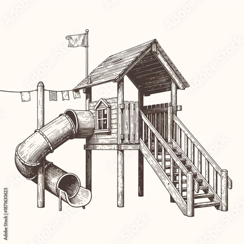 Wooden playhouse with slide and staircase for kids