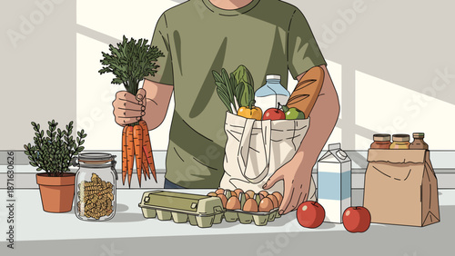 A person thoughtfully unpacks a variety of fresh and healthy groceries onto a bright kitchen counter, promoting sustainable living and wholesome eating habits at home