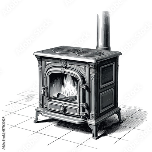 Vintage wood burning stove with burning fire