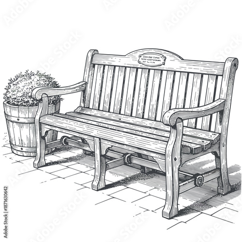 A wooden bench with a potted plant beside it on a tiled floor