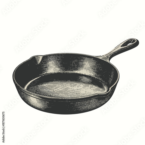 Cast iron skillet with handle on white background