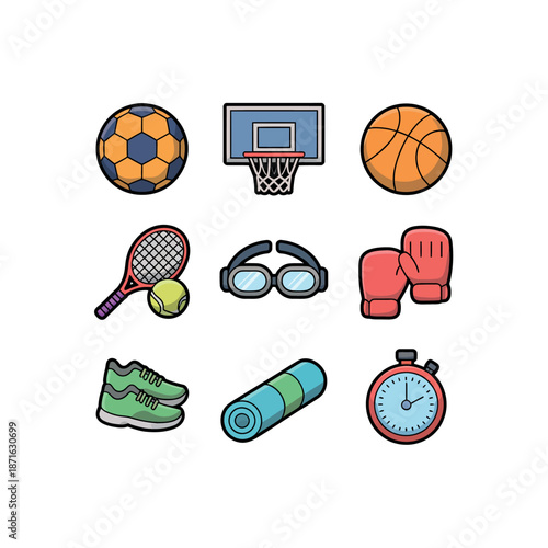 Various sports equipment and accessories for fitness and recreation