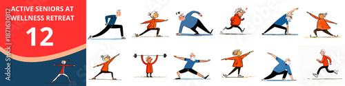 Active seniors exercising during wellness retreat with colorful visuals  