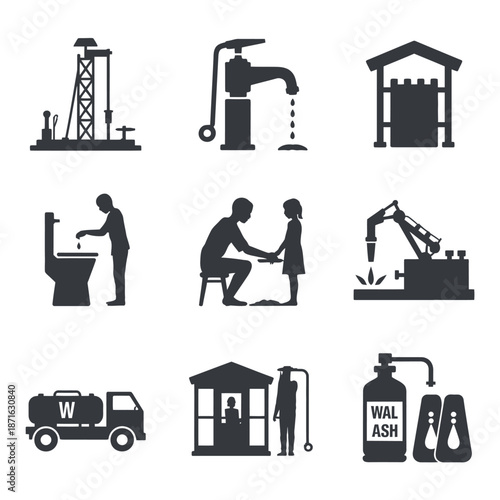 Collection of water supply icons in black and white