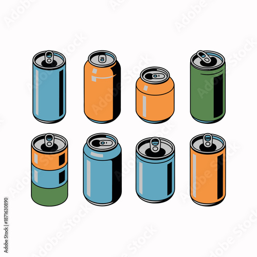 Collection of colorful soda cans arranged in two rows