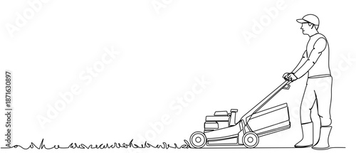 A man is cutting grass with a lawn mower in an overgrown yard.