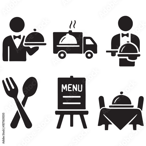 Catering icon set vector. Catering service, food, delivery of ready meals, guest service, menu for event, banquet vector
