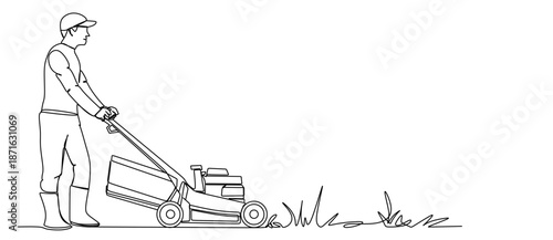 A man is cutting grass with a lawn mower in an overgrown yard.