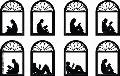 Silhouetted readers in arched windows with fanlight design, symbolizing introspection, literature, solitude, education, and quiet contemplation.