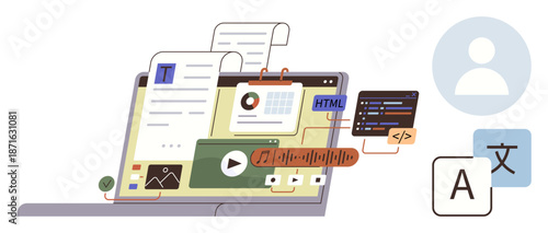 Content management, digital workflows, web development, multimedia integration, translation services, user interface design. A laptop displaying documents, charts, multimedia files and coding