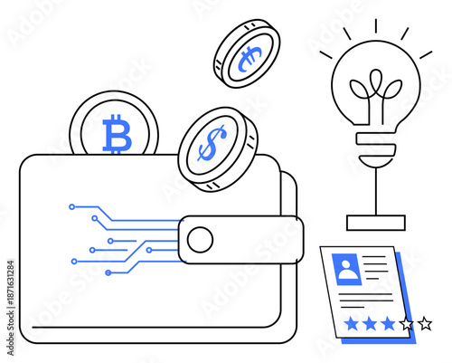 Digital wallet with circuit board design holding Bitcoin and dollar coins, alongside a glowing lightbulb and rating system. Ideal for finance, cryptocurrency, innovation, technology, ideas, reviews